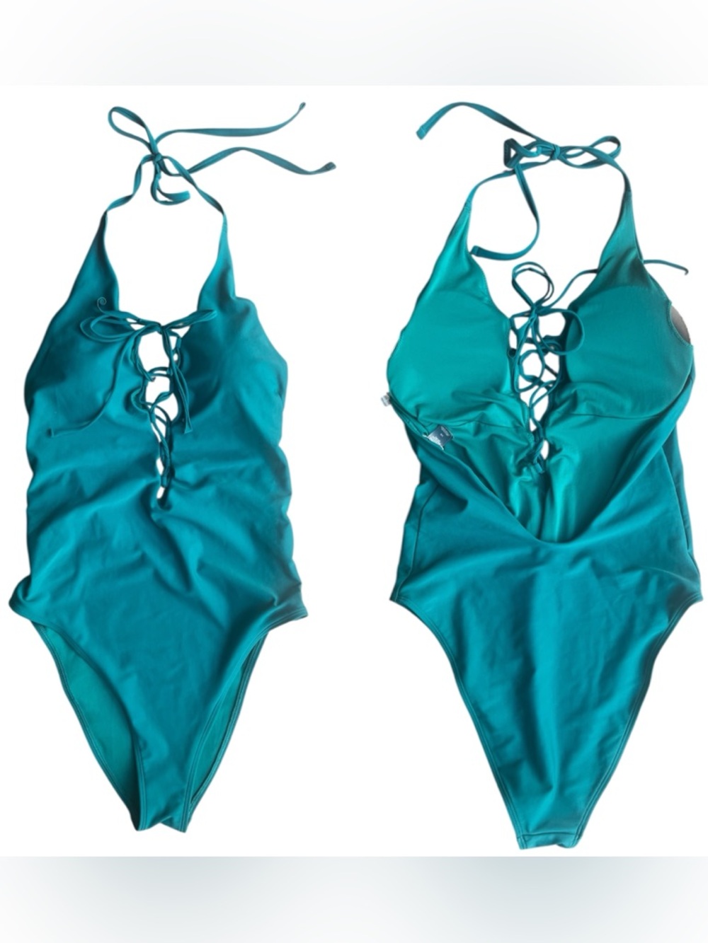 aerie lace up halter one piece swimsuit large teal blue